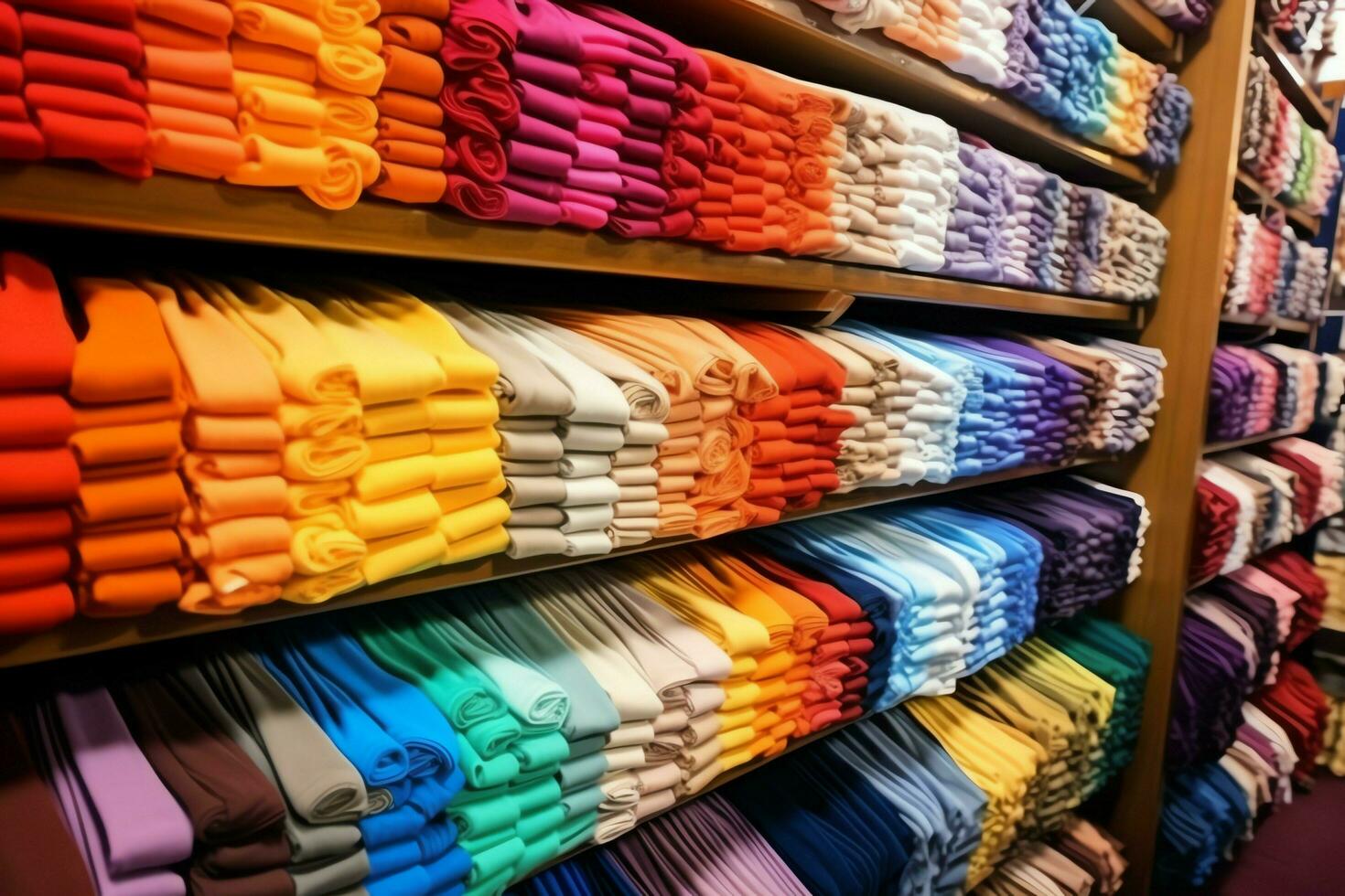 Row of fashionable polo t-shirts for man on wooden hanger or rack in a clothing boutique retail shop concept by AI Generated photo