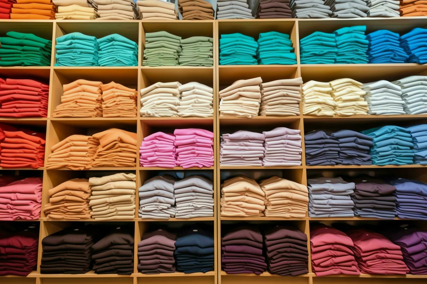 Row of fashionable polo t-shirts for man on wooden hanger or rack in a clothing boutique retail shop concept by AI Generated photo
