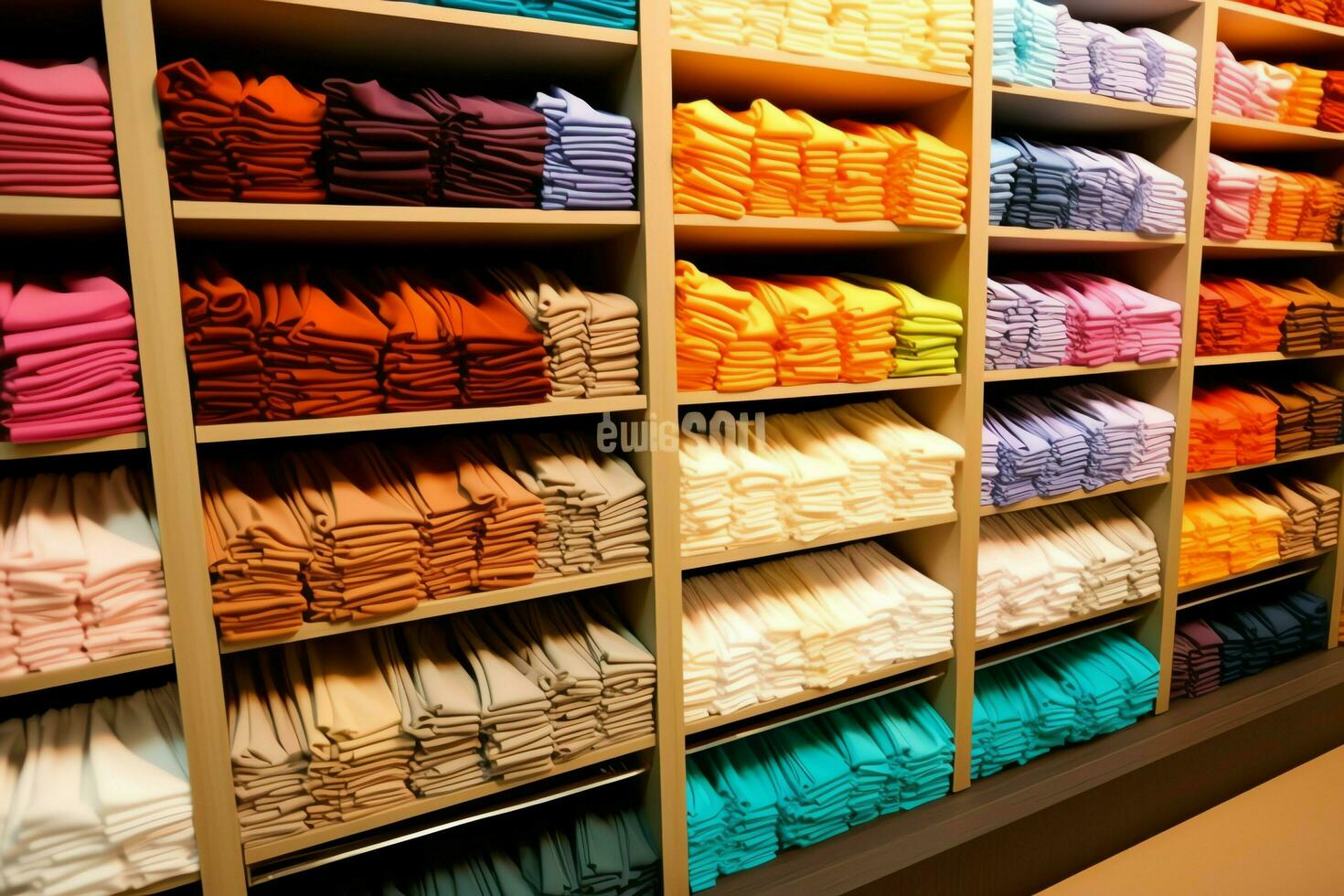 Row of fashionable polo t-shirts for man on wooden hanger or rack in a clothing boutique retail shop concept by AI Generated photo