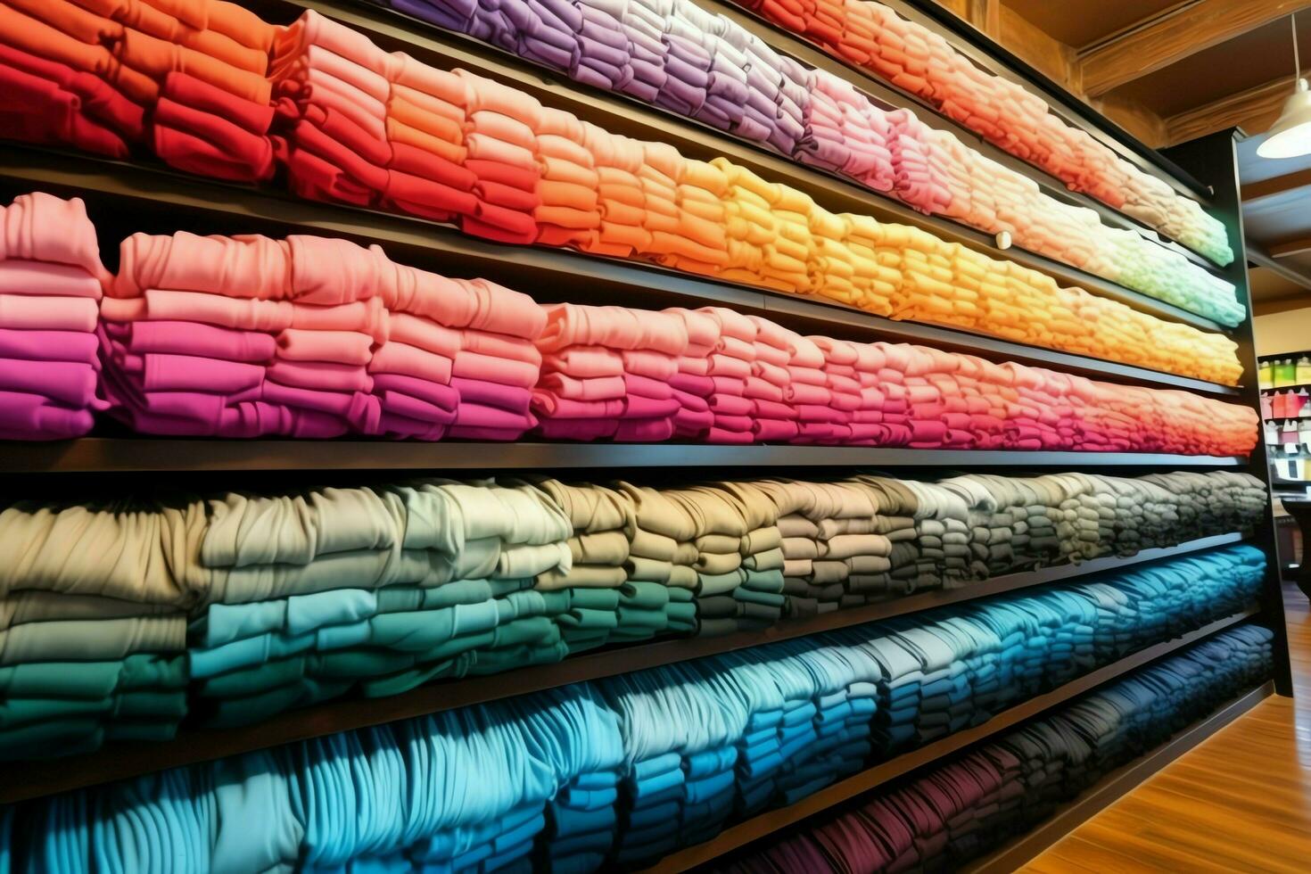 fila de de moda polo camisetas para hombre en de madera percha o estante en un ropa boutique Al por menor tienda concepto por ai generado foto