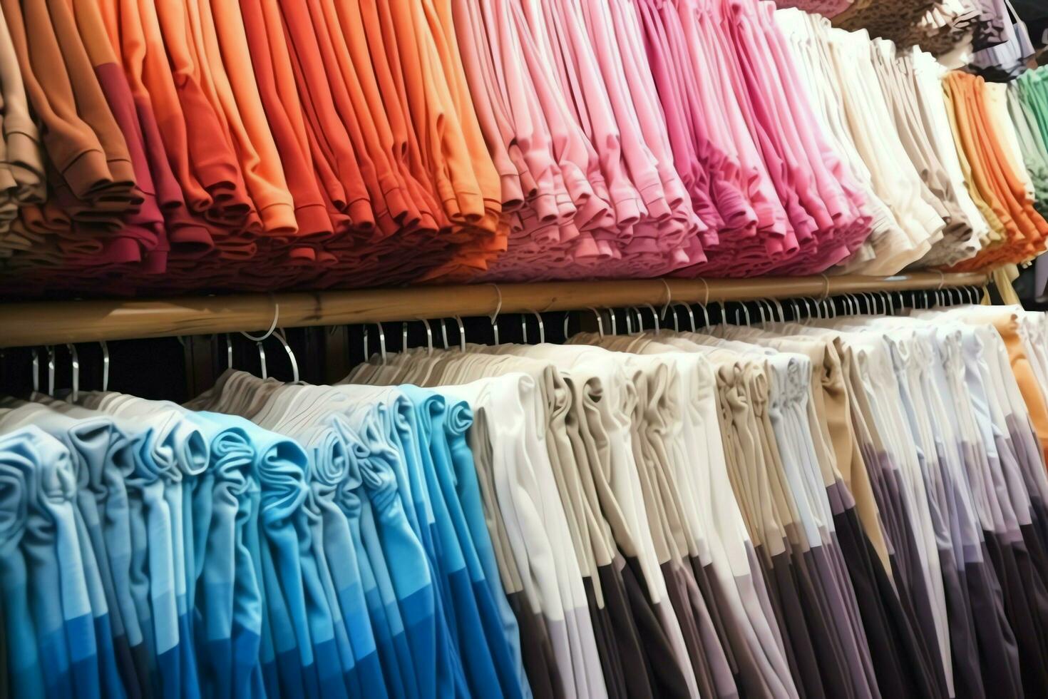 Row of fashionable polo t-shirts for man on wooden hanger or rack in a clothing boutique retail shop concept by AI Generated photo
