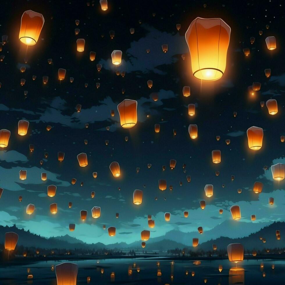 Flying lanterns in the night sky during the diwali festival india, yee peng or midautumn day in china concept by AI Generated photo