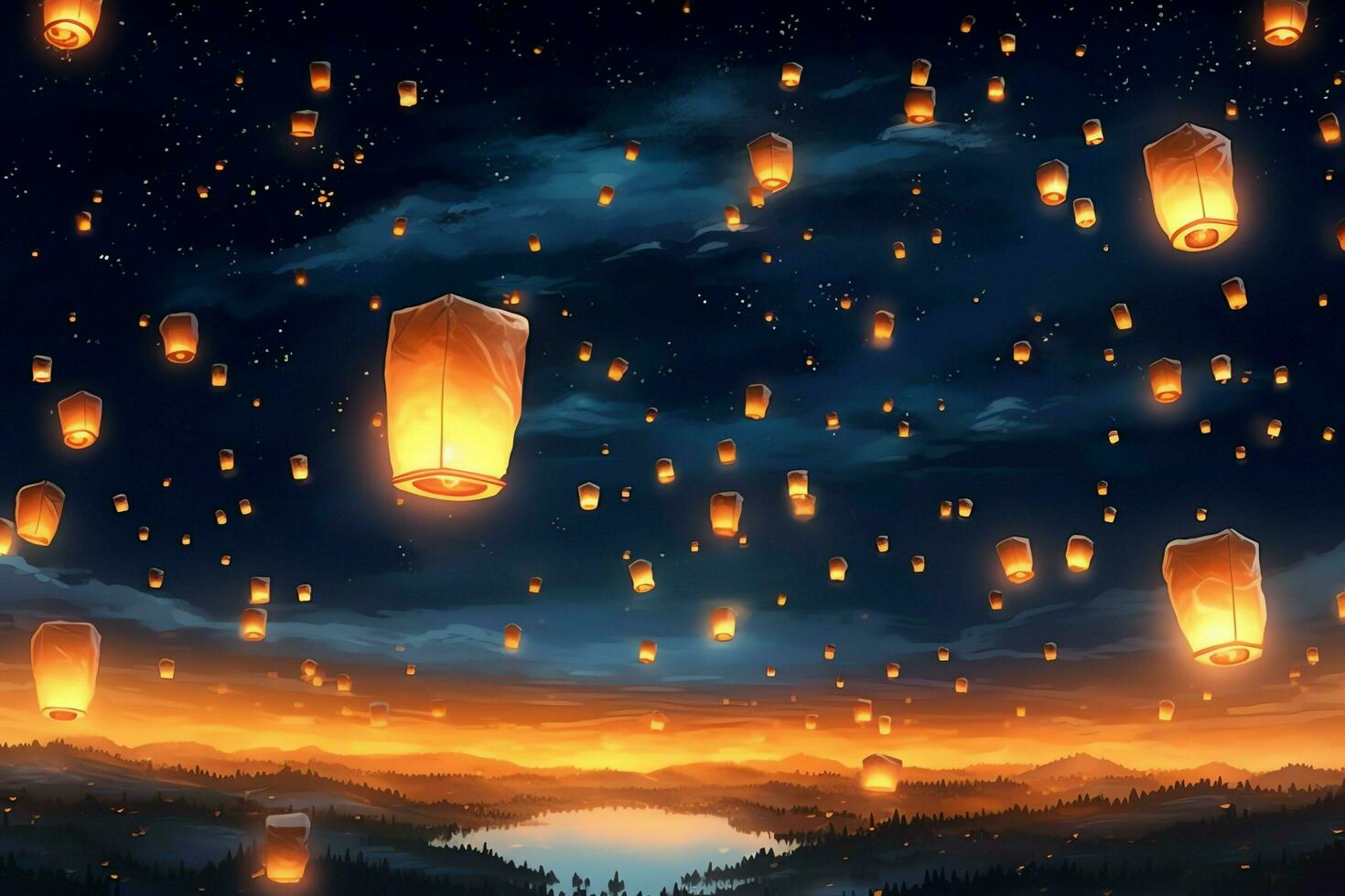 Flying lanterns in the night sky during the diwali festival india, yee peng or midautumn day in china concept by AI Generated photo