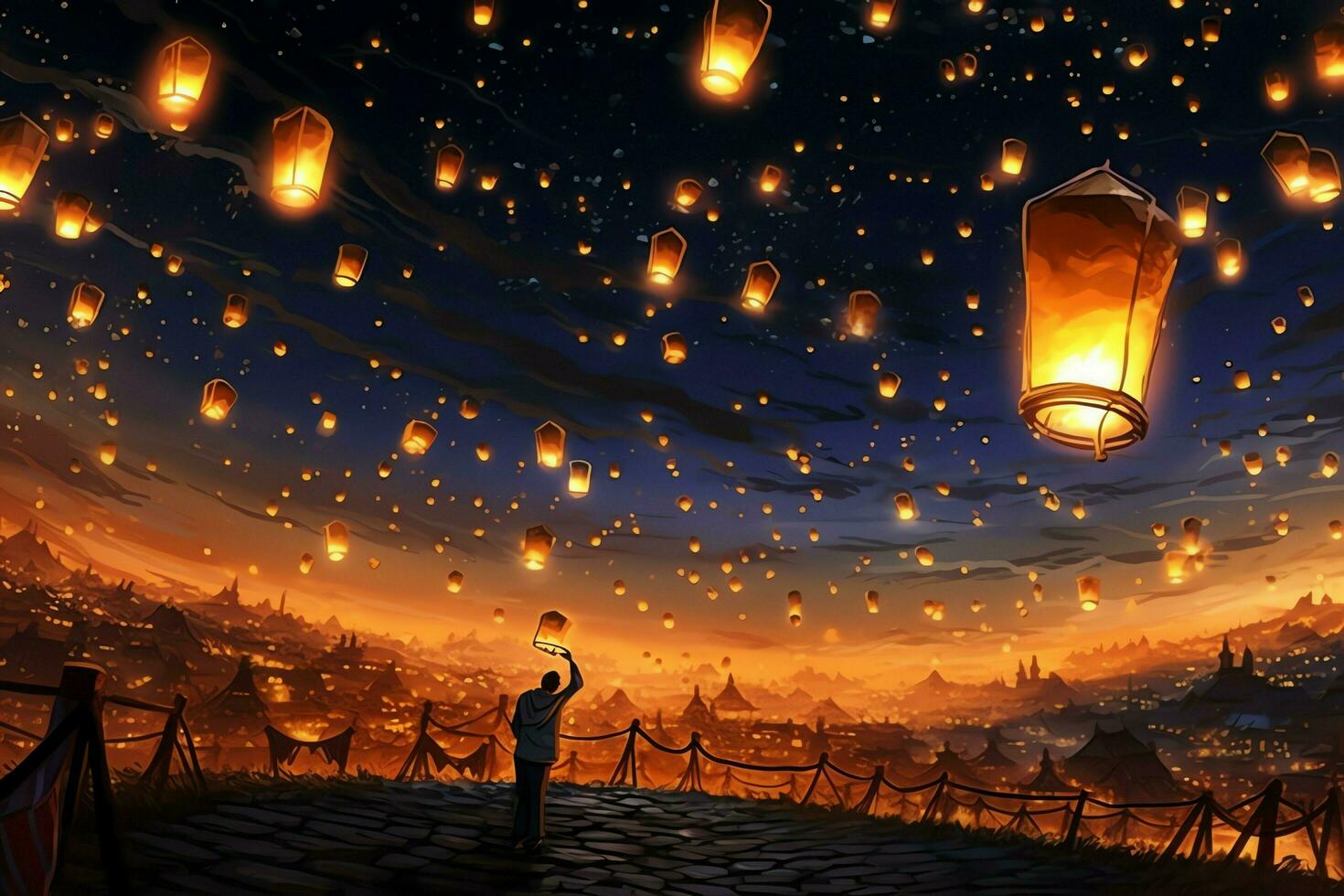 Flying lanterns in the night sky during the diwali festival india, yee peng or midautumn day in china concept by AI Generated photo