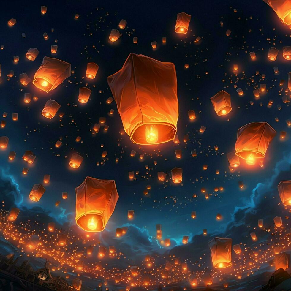 Flying lanterns in the night sky during the diwali festival india, yee peng or midautumn day in china concept by AI Generated photo
