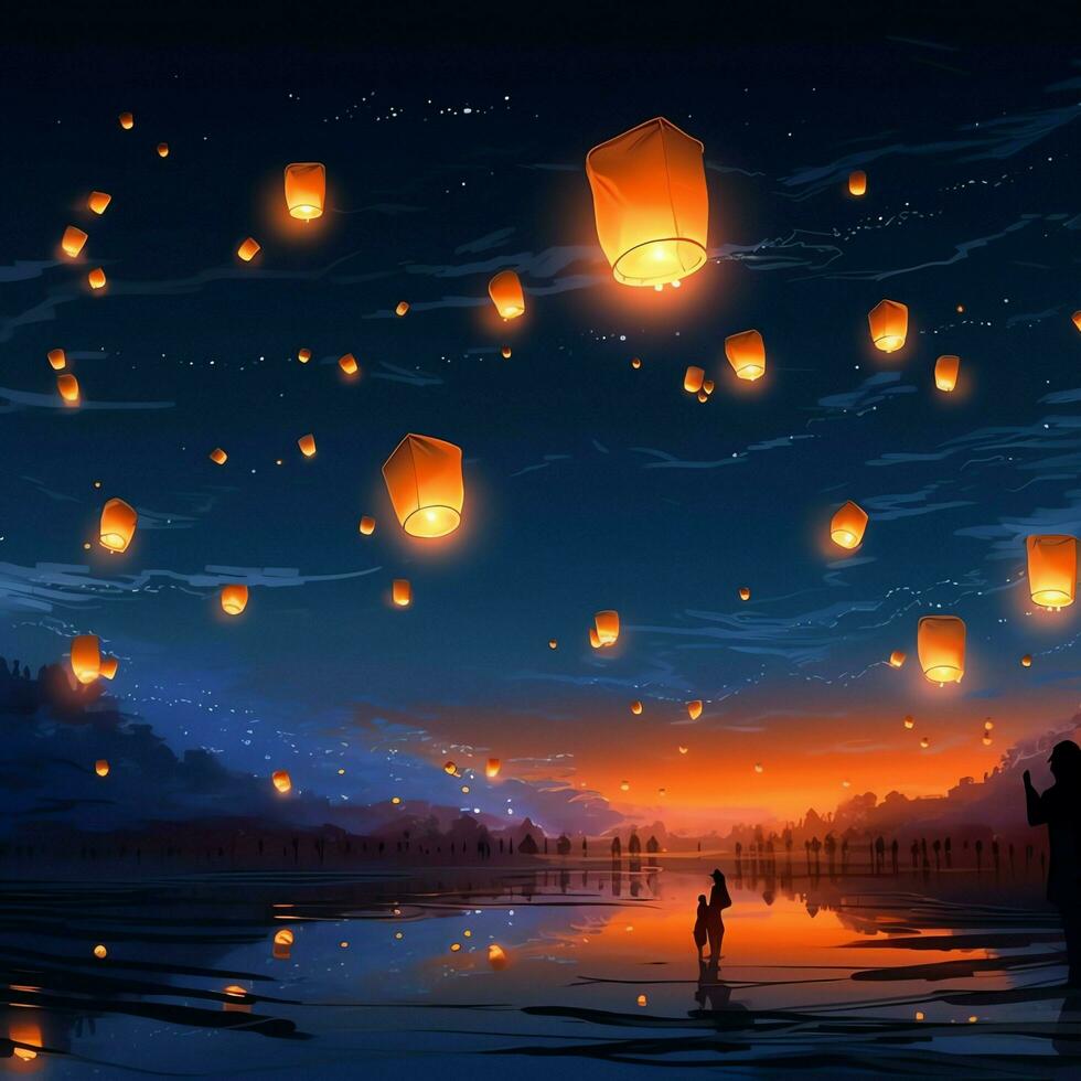 Flying lanterns in the night sky during the diwali festival india, yee peng or midautumn day in china concept by AI Generated photo