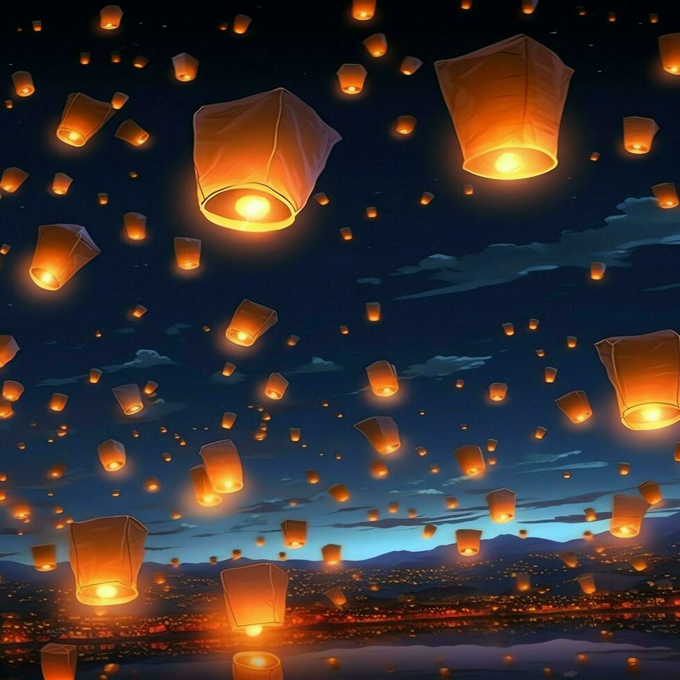 Flying lanterns in the night sky during the diwali festival india, yee peng or midautumn day in china concept by AI Generated photo