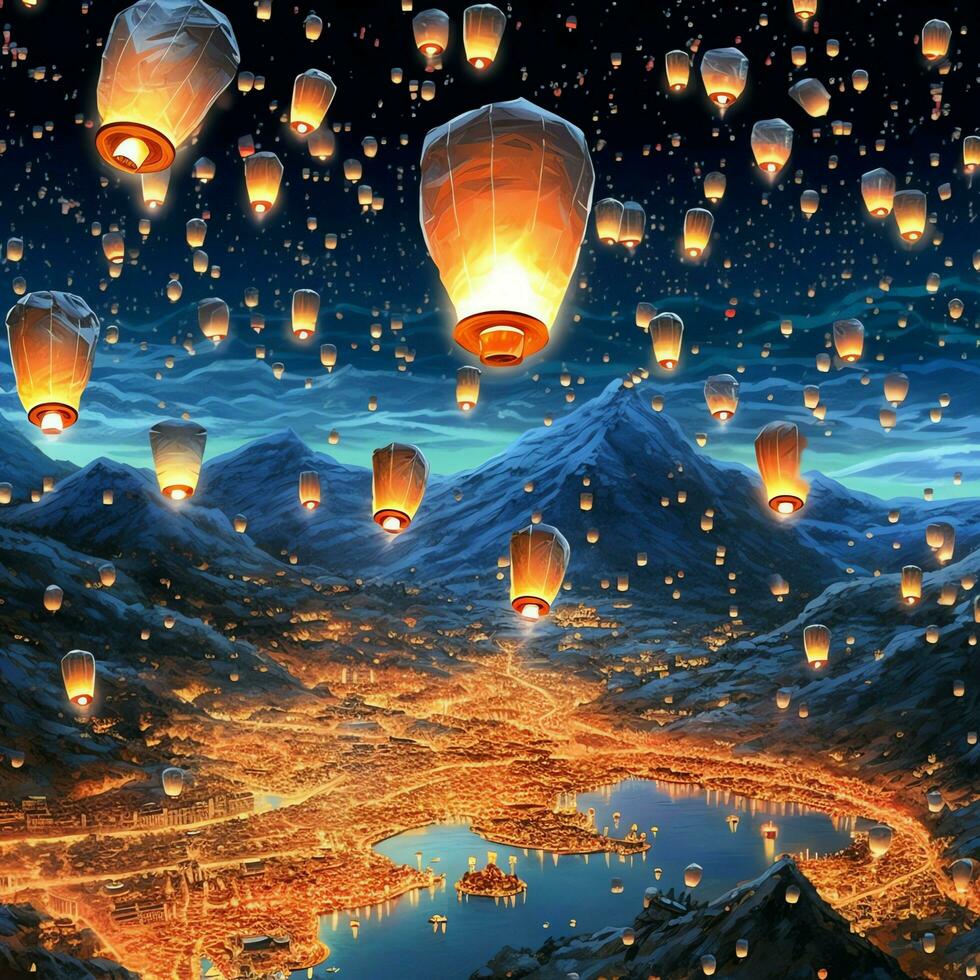 Flying lanterns in the night sky during the diwali festival india, yee peng or midautumn day in china concept by AI Generated photo