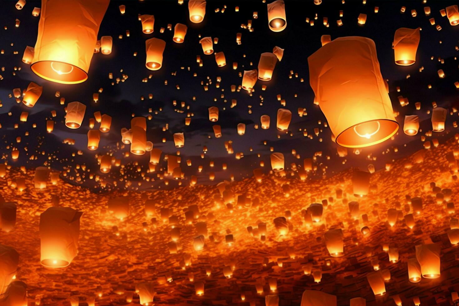 Flying lanterns in the night sky during the diwali festival india, yee peng or midautumn day in china concept by AI Generated photo