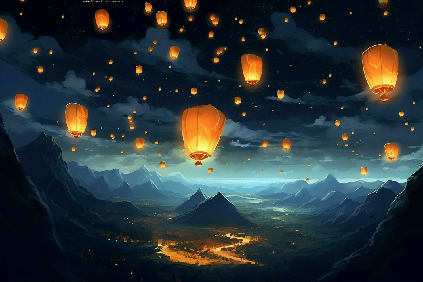 Flying lanterns in the night sky during the diwali festival india, yee peng or midautumn day in china concept by AI Generated photo