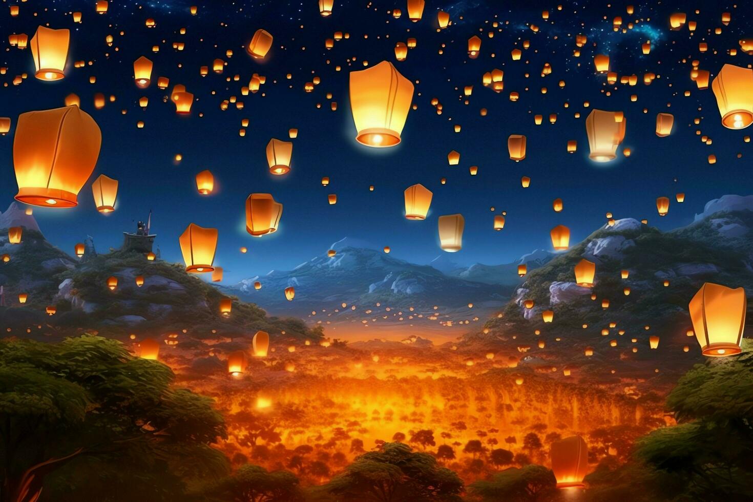 Flying lanterns in the night sky during the diwali festival india, yee peng or midautumn day in china concept by AI Generated photo