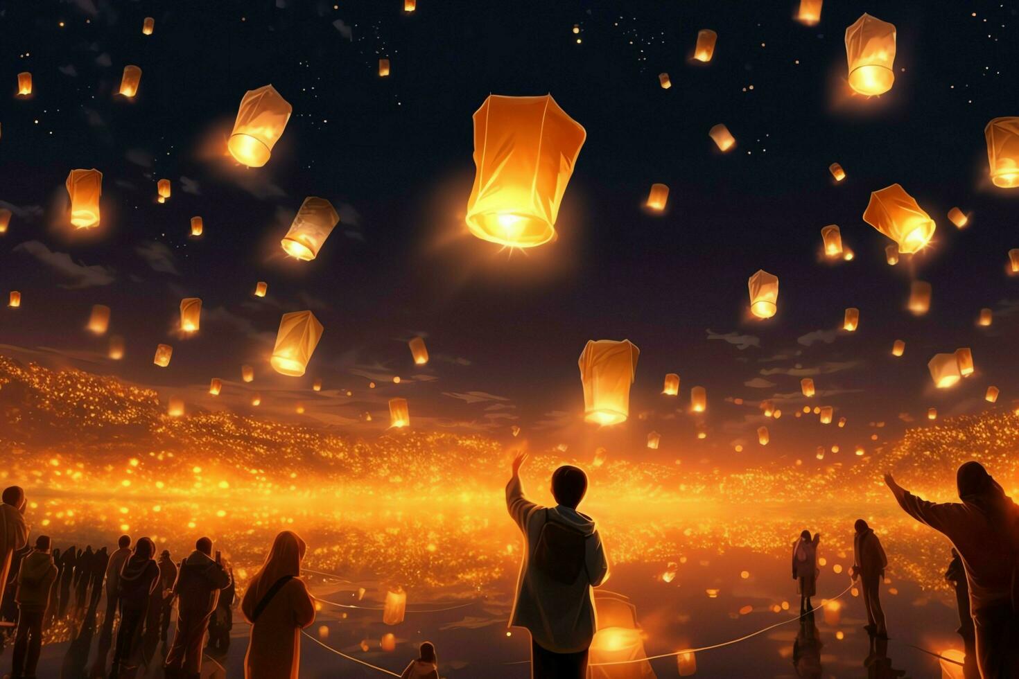 Flying lanterns in the night sky during the diwali festival india, yee peng or midautumn day in china concept by AI Generated photo