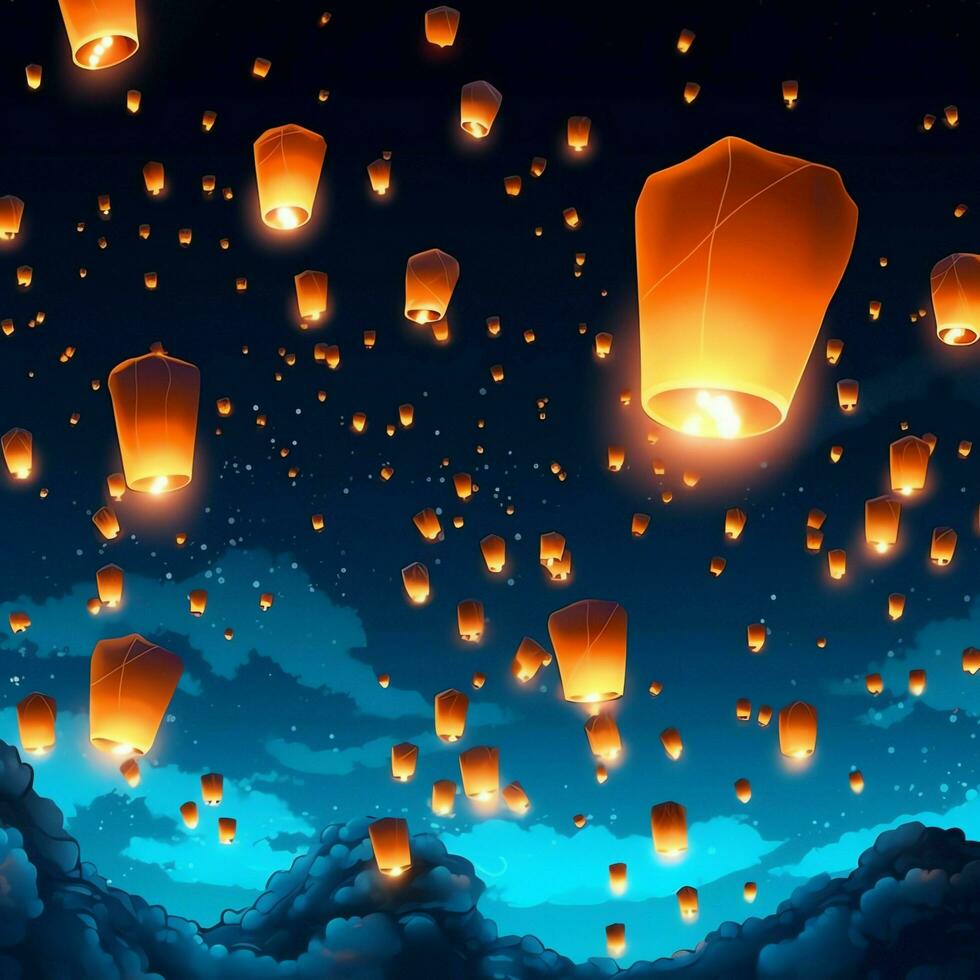 Flying lanterns in the night sky during the diwali festival india, yee peng or midautumn day in china concept by AI Generated photo