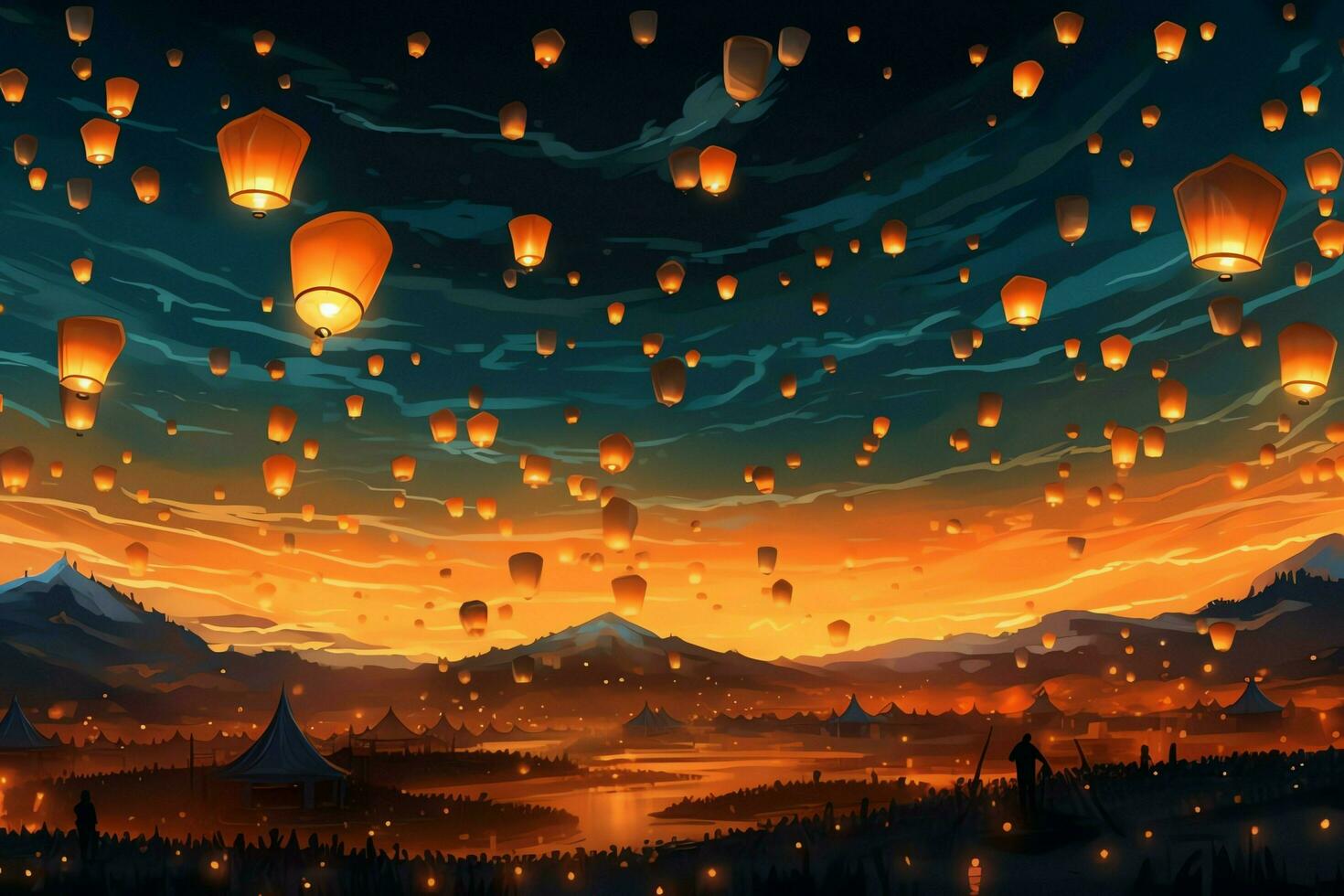 Flying lanterns in the night sky during the diwali festival india, yee peng or midautumn day in china concept by AI Generated photo