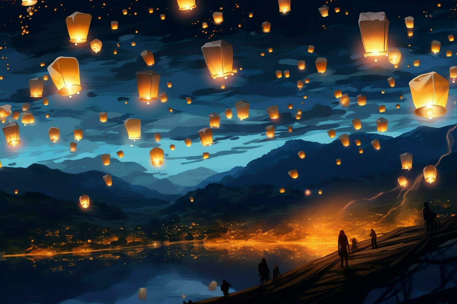 Flying lanterns in the night sky during the diwali festival india, yee peng or midautumn day in china concept by AI Generated photo