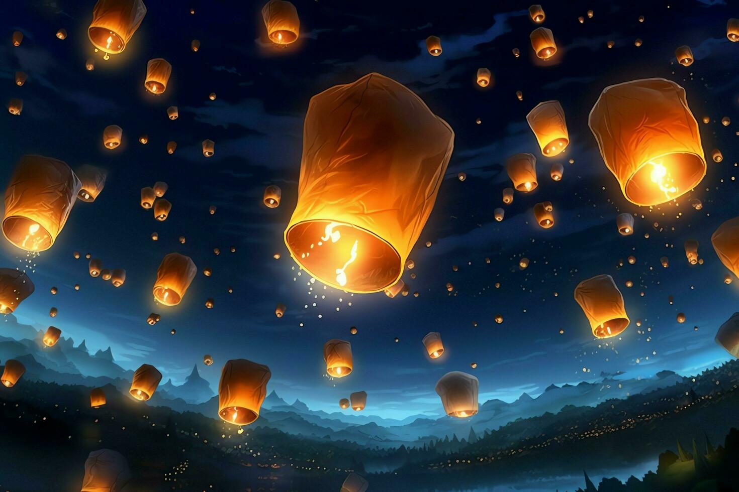Flying lanterns in the night sky during the diwali festival india, yee peng or midautumn day in china concept by AI Generated photo