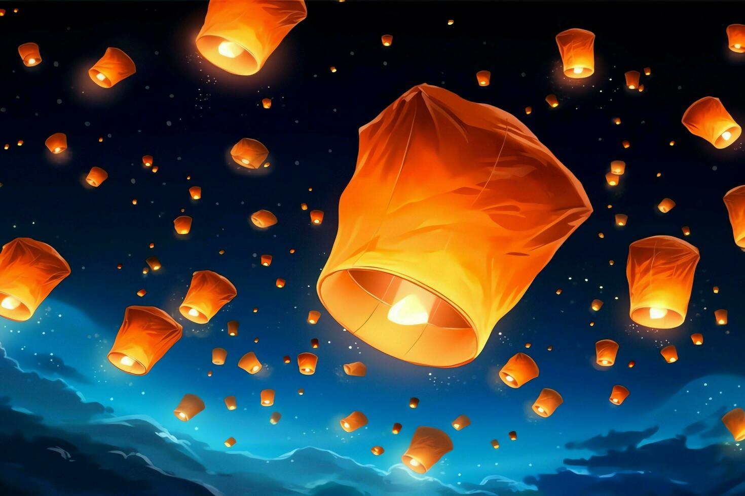 Flying lanterns in the night sky during the diwali festival india, yee peng or midautumn day in china concept by AI Generated photo