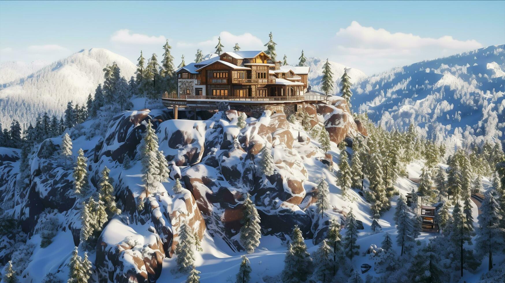 Beautiful winter house and christmas tree on the mountain, Generative ai photo