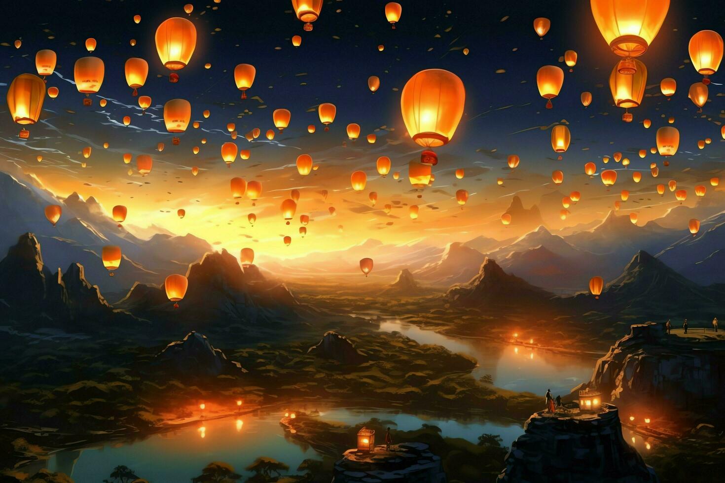 Flying lanterns in the night sky during the diwali festival india, yee peng or midautumn day in china concept by AI Generated photo