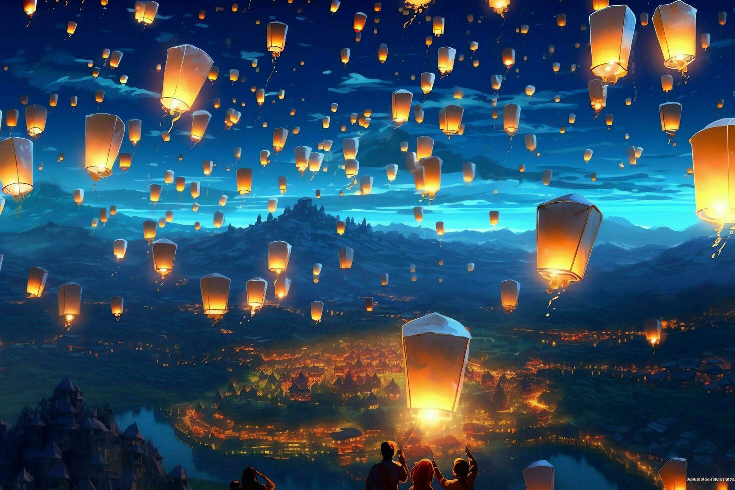 Flying lanterns in the night sky during the diwali festival india, yee peng or midautumn day in china concept by AI Generated photo