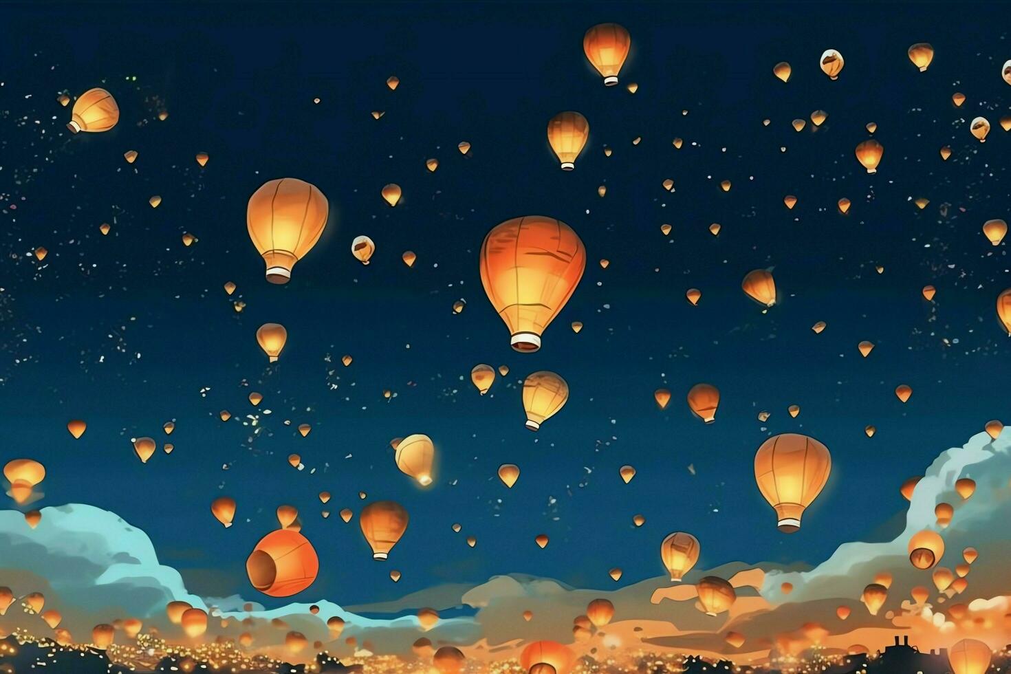 Flying lanterns in the night sky during the diwali festival india, yee peng or midautumn day in china concept by AI Generated photo