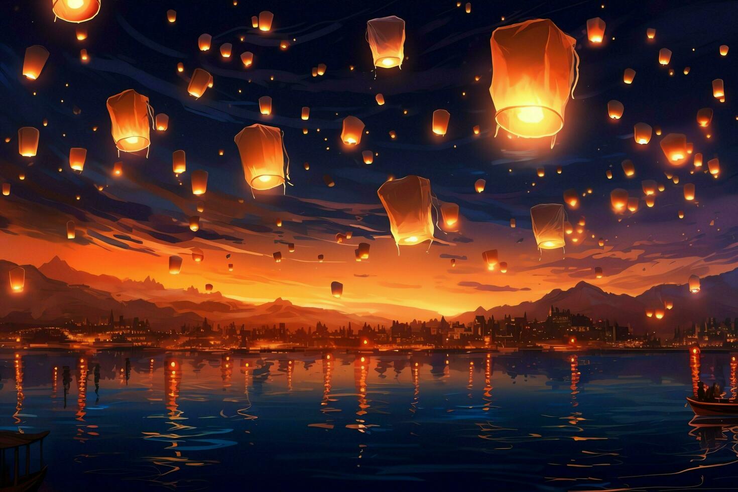 Flying lanterns in the night sky during the diwali festival india, yee peng or midautumn day in china concept by AI Generated photo