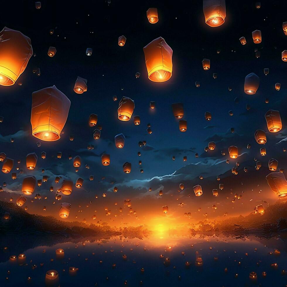 Flying lanterns in the night sky during the diwali festival india, yee peng or midautumn day in china concept by AI Generated photo