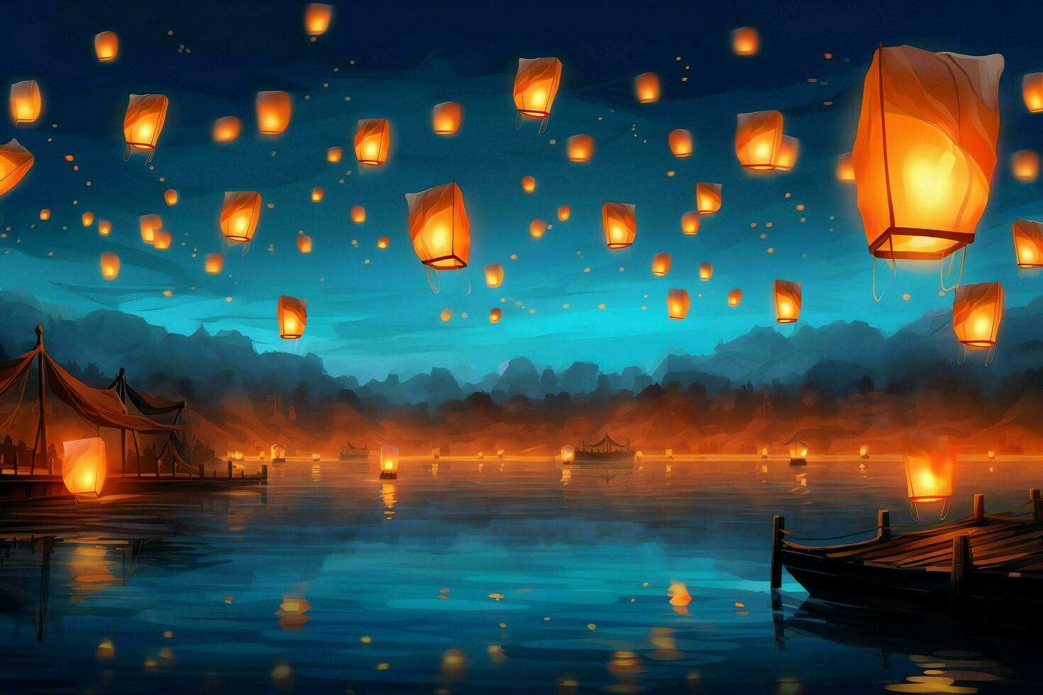 Flying lanterns in the night sky during the diwali festival india, yee peng or midautumn day in china concept by AI Generated photo