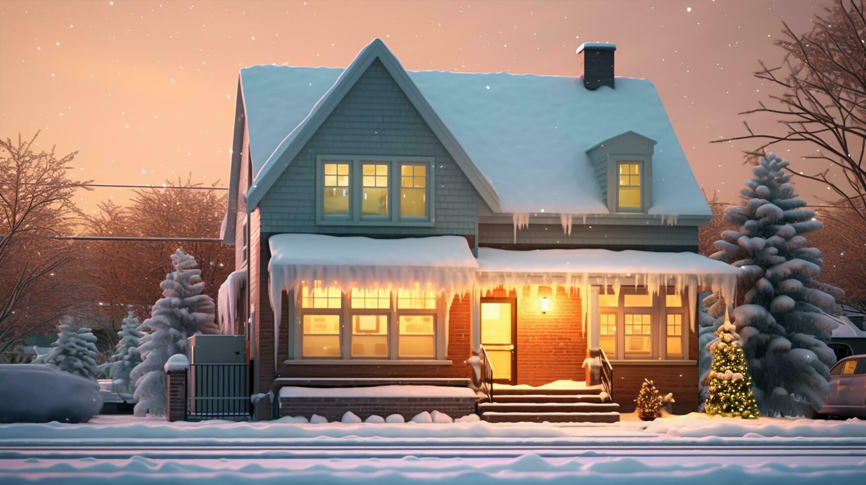 A painting of a cozy cottage covered by snow, Generative ai photo