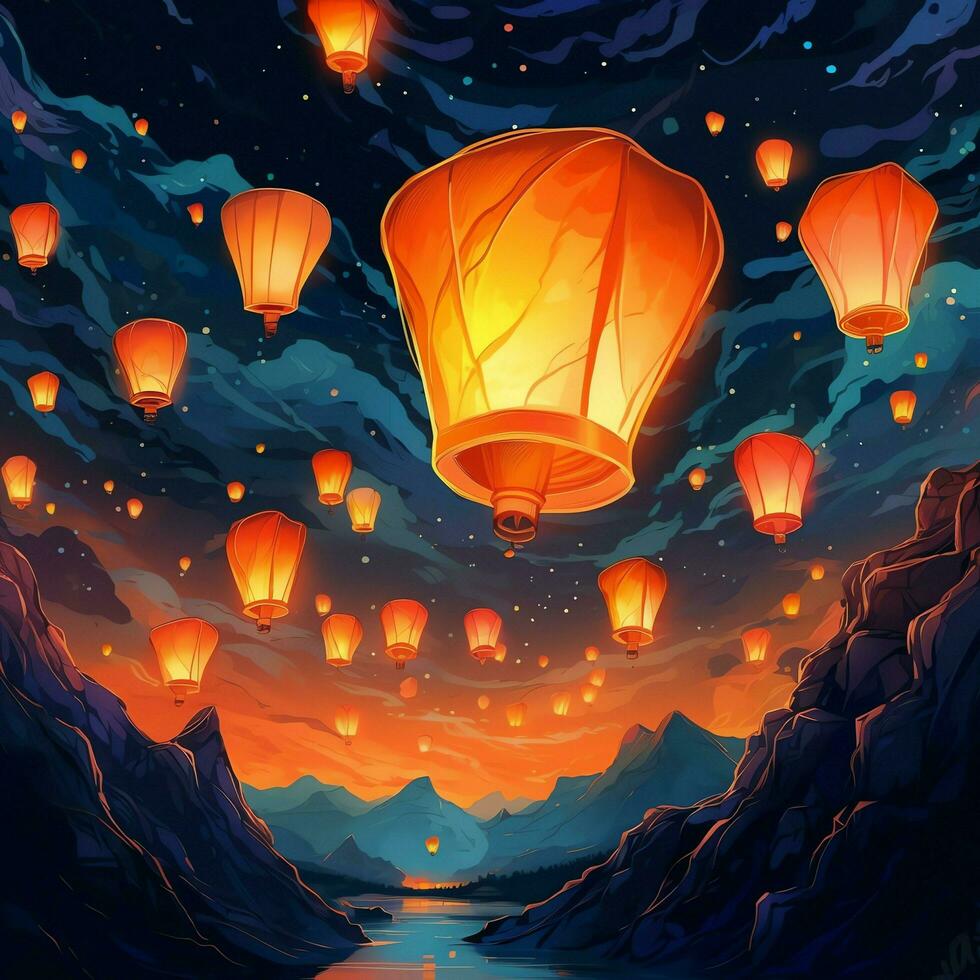 Flying lanterns in the night sky during the diwali festival india, yee peng or midautumn day in china concept by AI Generated photo