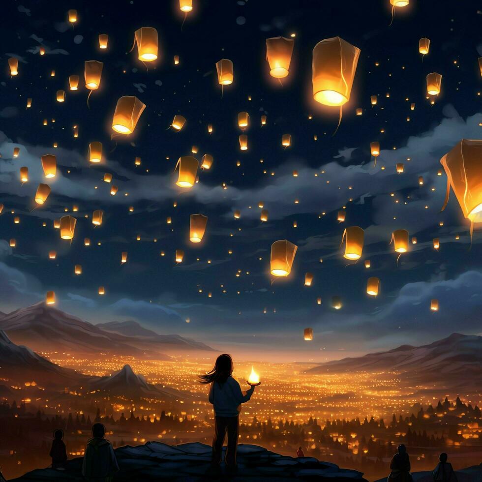 Flying lanterns in the night sky during the diwali festival india, yee peng or midautumn day in china concept by AI Generated photo