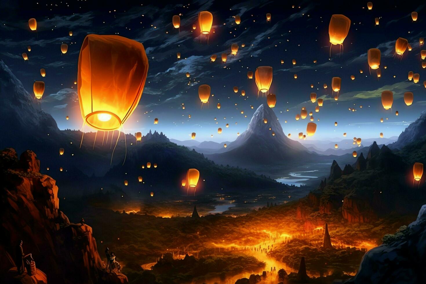 Flying lanterns in the night sky during the diwali festival india, yee peng or midautumn day in china concept by AI Generated photo