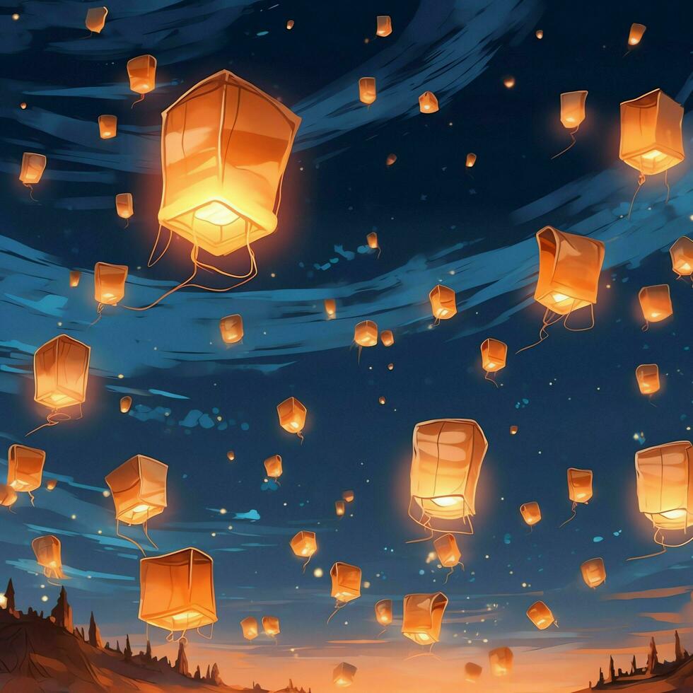 Flying lanterns in the night sky during the diwali festival india, yee peng or midautumn day in china concept by AI Generated photo