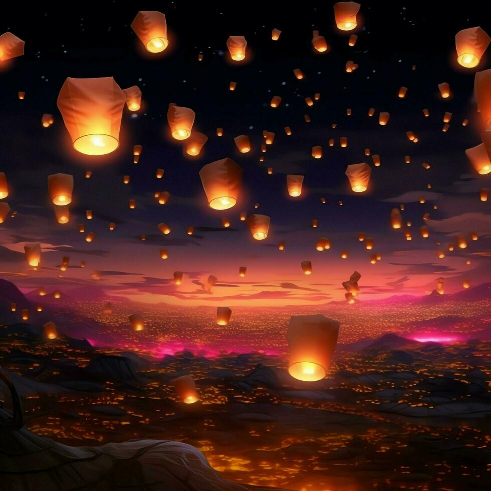 Flying lanterns in the night sky during the diwali festival india, yee peng or midautumn day in china concept by AI Generated photo