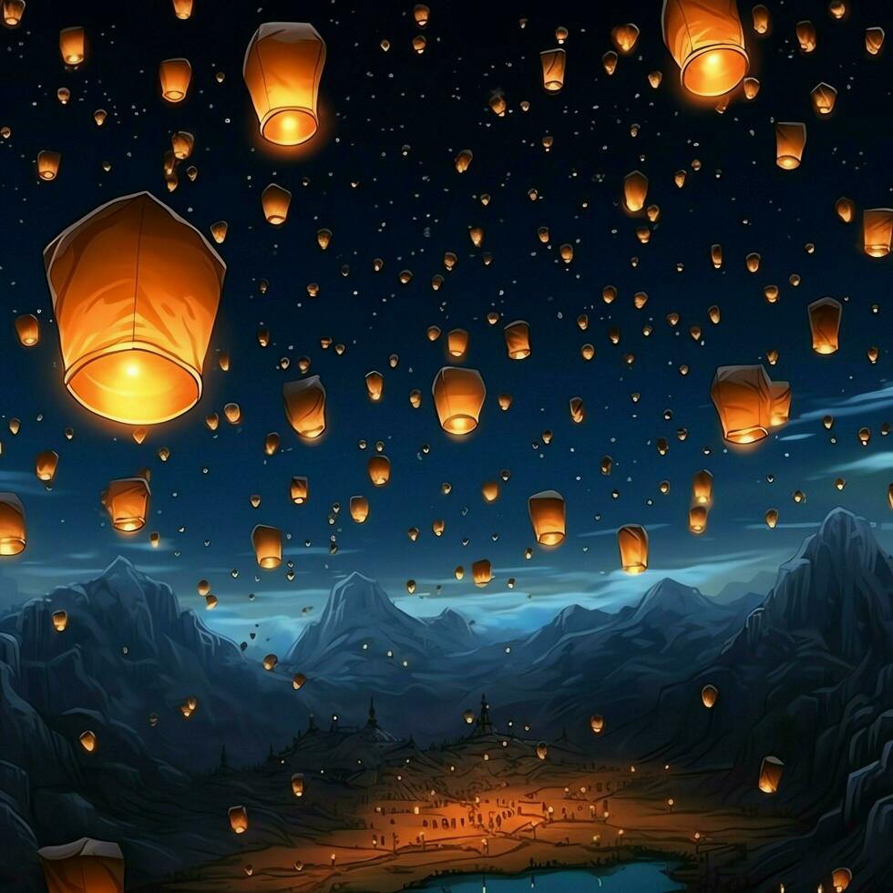 Flying lanterns in the night sky during the diwali festival india, yee peng or midautumn day in china concept by AI Generated photo