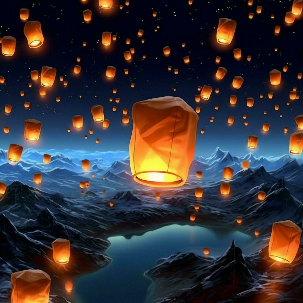 Flying lanterns in the night sky during the diwali festival india, yee peng or midautumn day in china concept by AI Generated photo