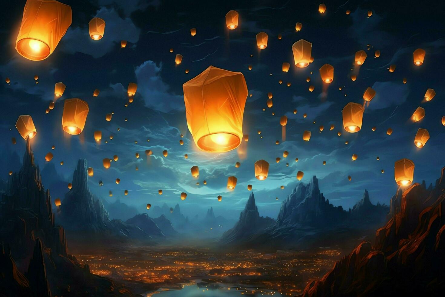 Flying lanterns in the night sky during the diwali festival india, yee peng or midautumn day in china concept by AI Generated photo