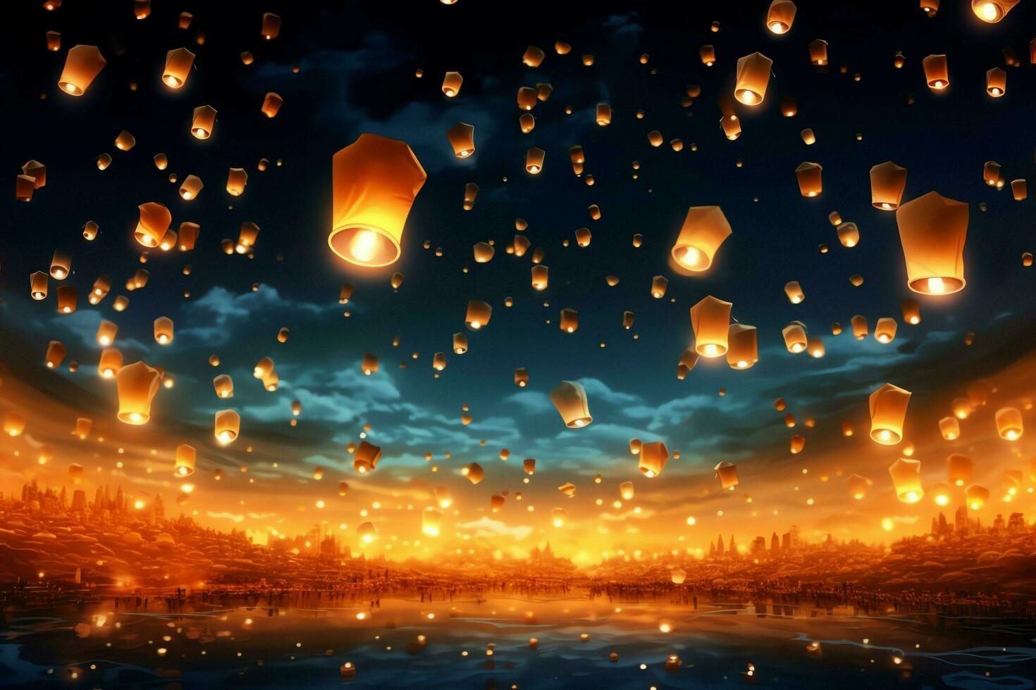 Flying lanterns in the night sky during the diwali festival india, yee peng or midautumn day in china concept by AI Generated photo