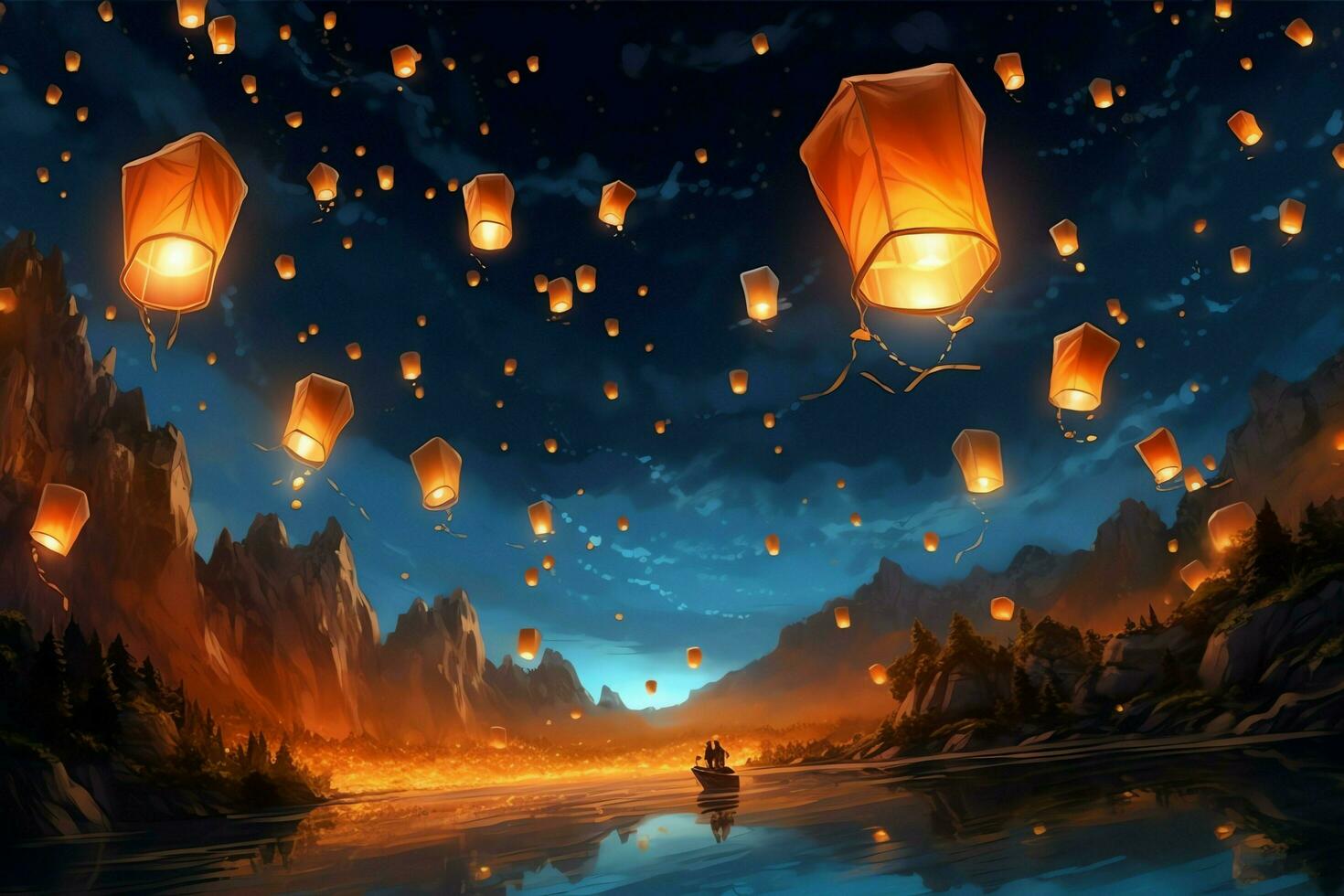 Flying lanterns in the night sky during the diwali festival india, yee peng or midautumn day in china concept by AI Generated photo