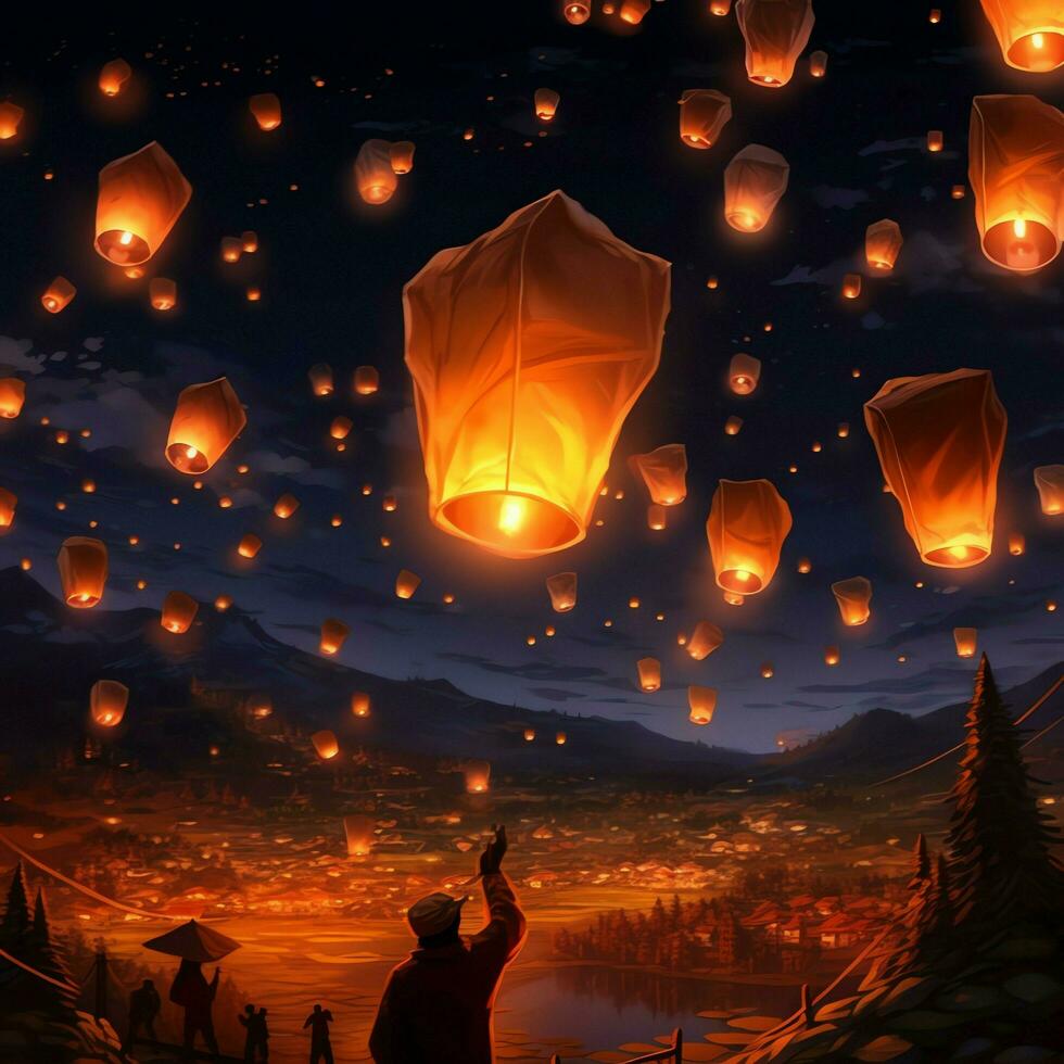 Flying lanterns in the night sky during the diwali festival india, yee peng or midautumn day in china concept by AI Generated photo