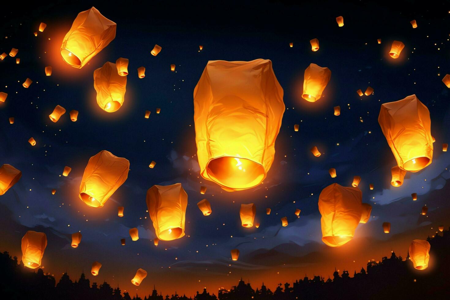 Flying lanterns in the night sky during the diwali festival india, yee peng or midautumn day in china concept by AI Generated photo