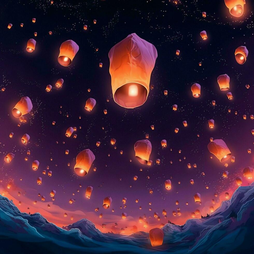 Flying lanterns in the night sky during the diwali festival india, yee peng or midautumn day in china concept by AI Generated photo