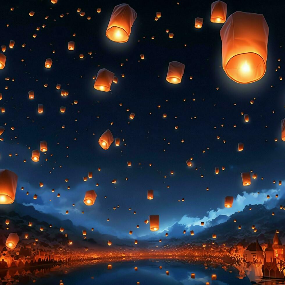 Flying lanterns in the night sky during the diwali festival india, yee peng or midautumn day in china concept by AI Generated photo