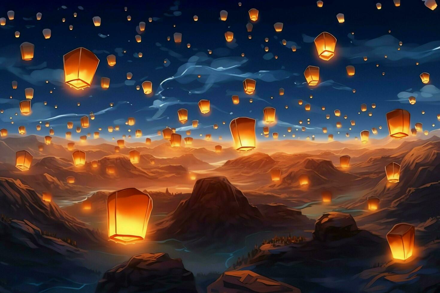 Flying lanterns in the night sky during the diwali festival india, yee peng or midautumn day in china concept by AI Generated photo