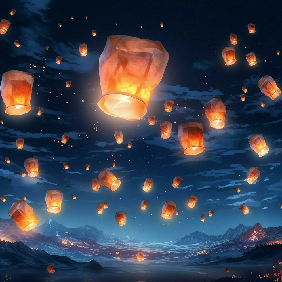 Flying lanterns in the night sky during the diwali festival india, yee peng or midautumn day in china concept by AI Generated photo
