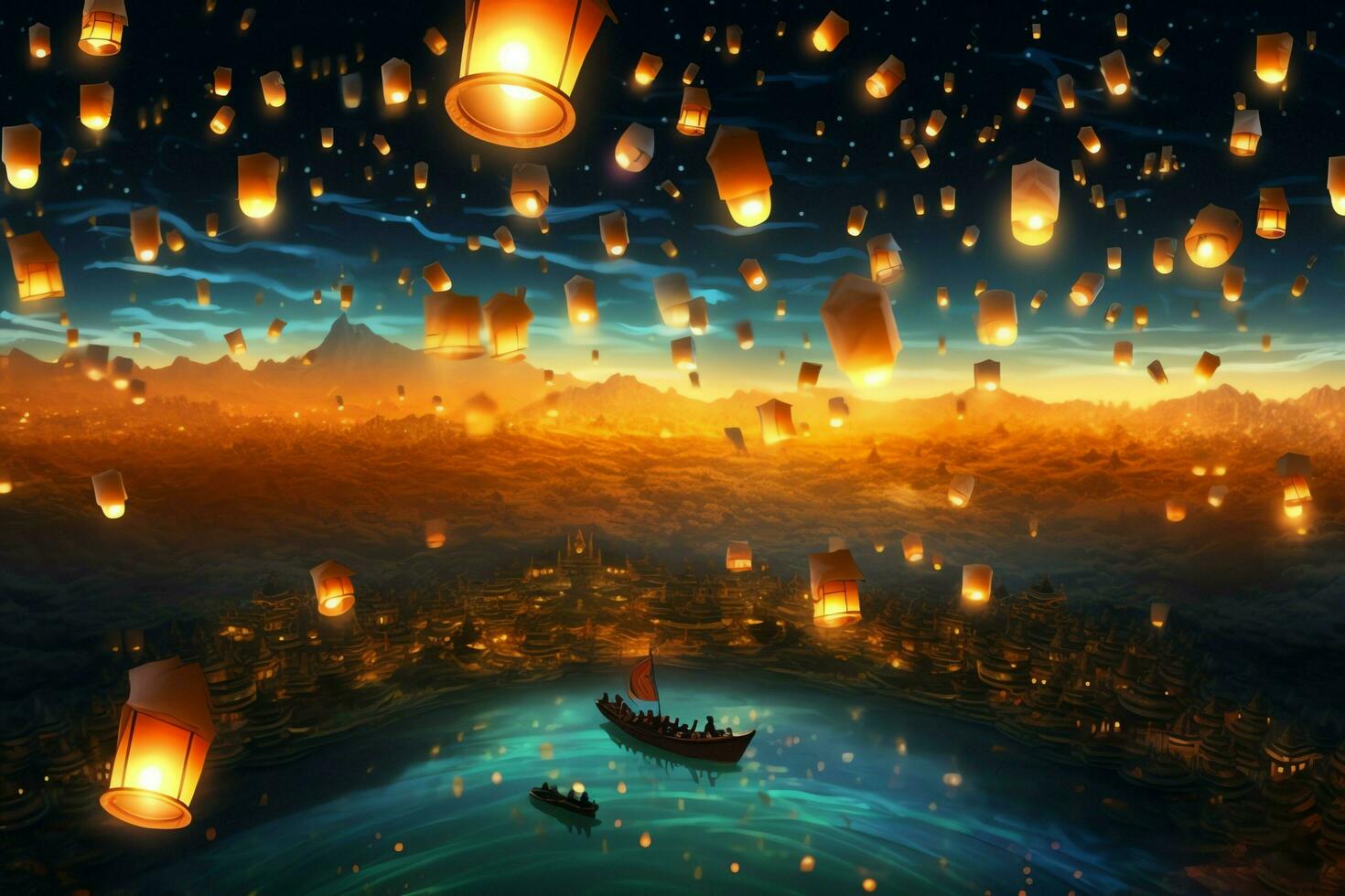 Flying lanterns in the night sky during the diwali festival india, yee peng or midautumn day in china concept by AI Generated photo