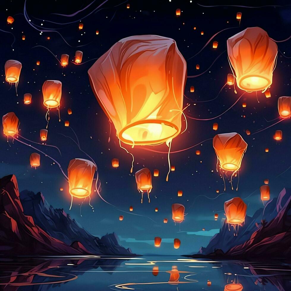 Flying lanterns in the night sky during the diwali festival india, yee peng or midautumn day in china concept by AI Generated photo