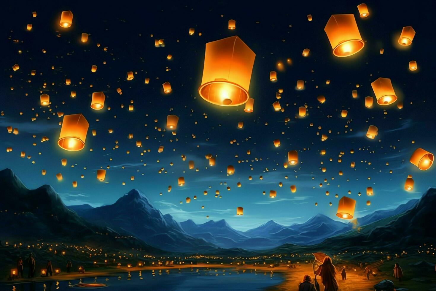 Flying lanterns in the night sky during the diwali festival india, yee peng or midautumn day in china concept by AI Generated photo