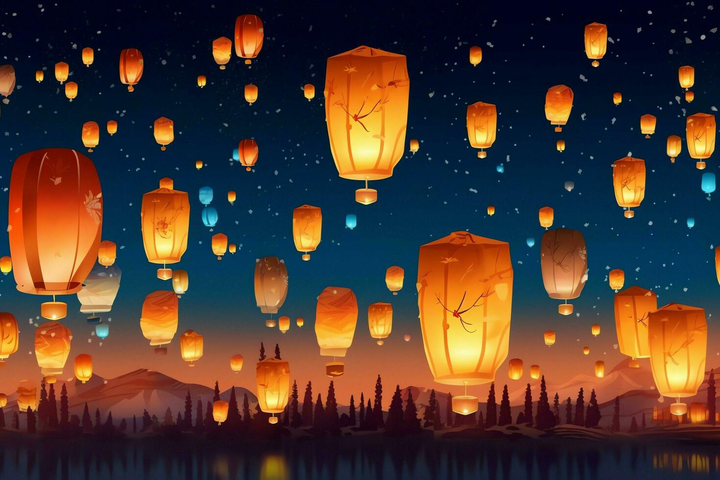 Flying lanterns in the night sky during the diwali festival india, yee peng or midautumn day in china concept by AI Generated photo