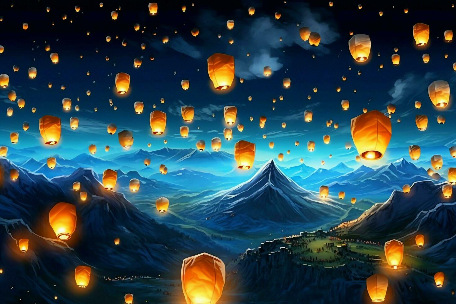 Flying lanterns in the night sky during the diwali festival india, yee peng or midautumn day in china concept by AI Generated photo